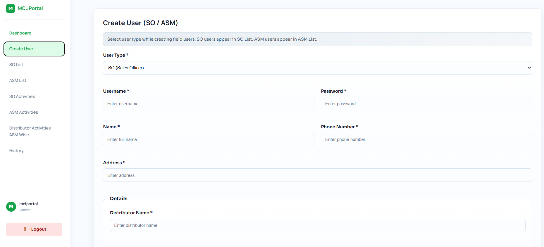 MCL Portal admin view
